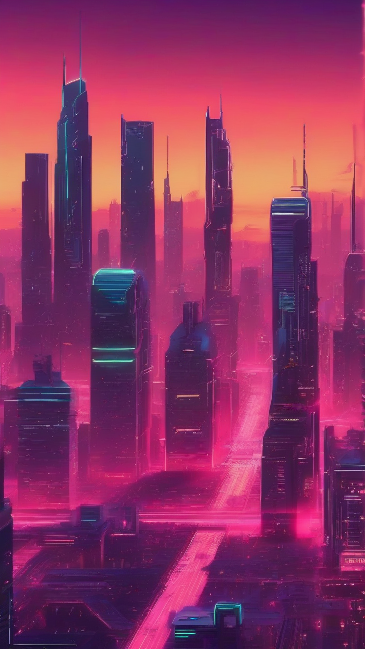 A futuristic neon city skyline at sunset