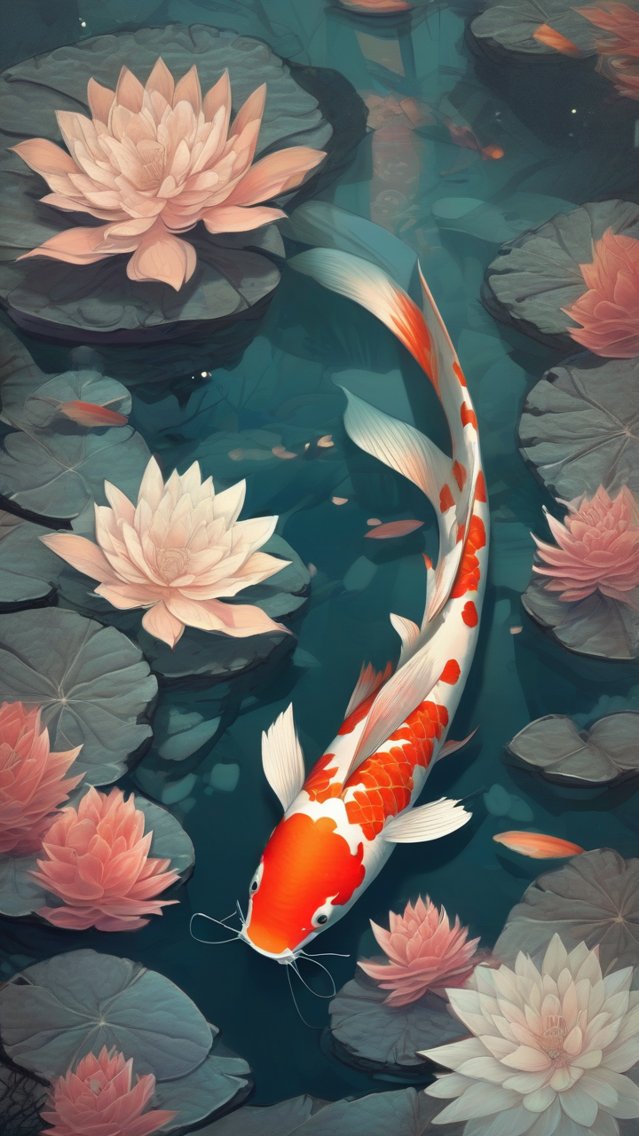 Giant koi fish swimming through a mystical forest
