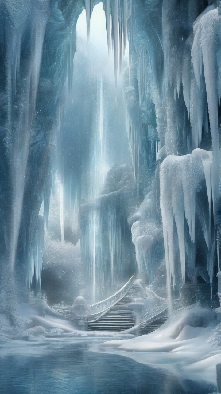 Ice palace with sparkling frozen waterfalls