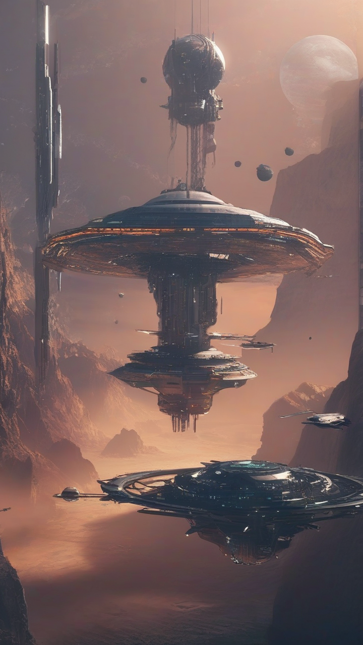 Floating futuristic space station above planet