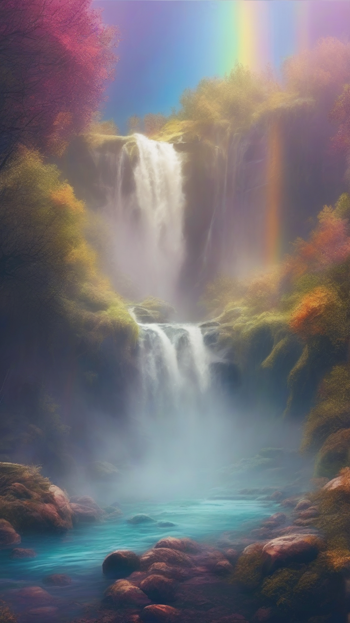 Mystical waterfall with rainbow mist