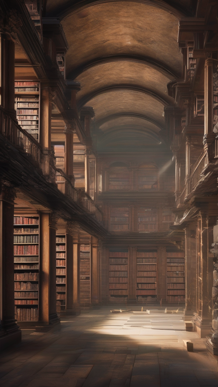 Ancient library with floating books