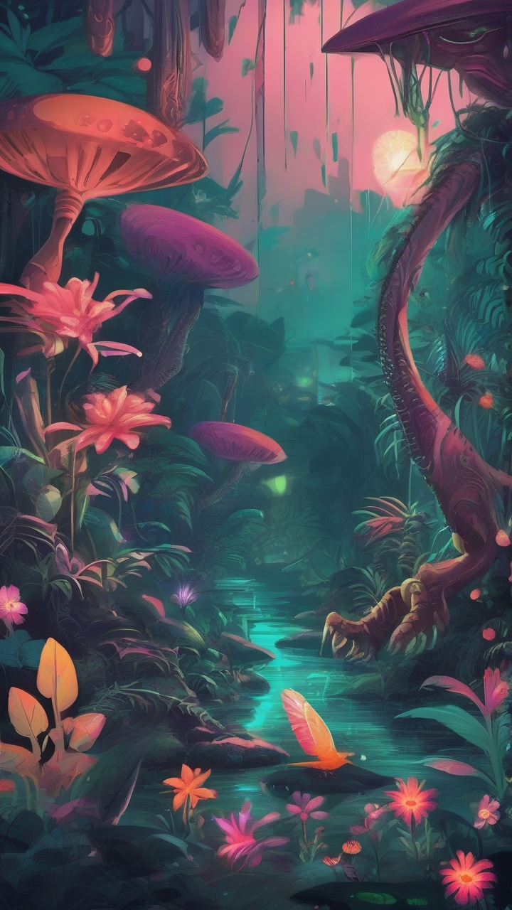 Alien jungle with glowing flowers and strange crea