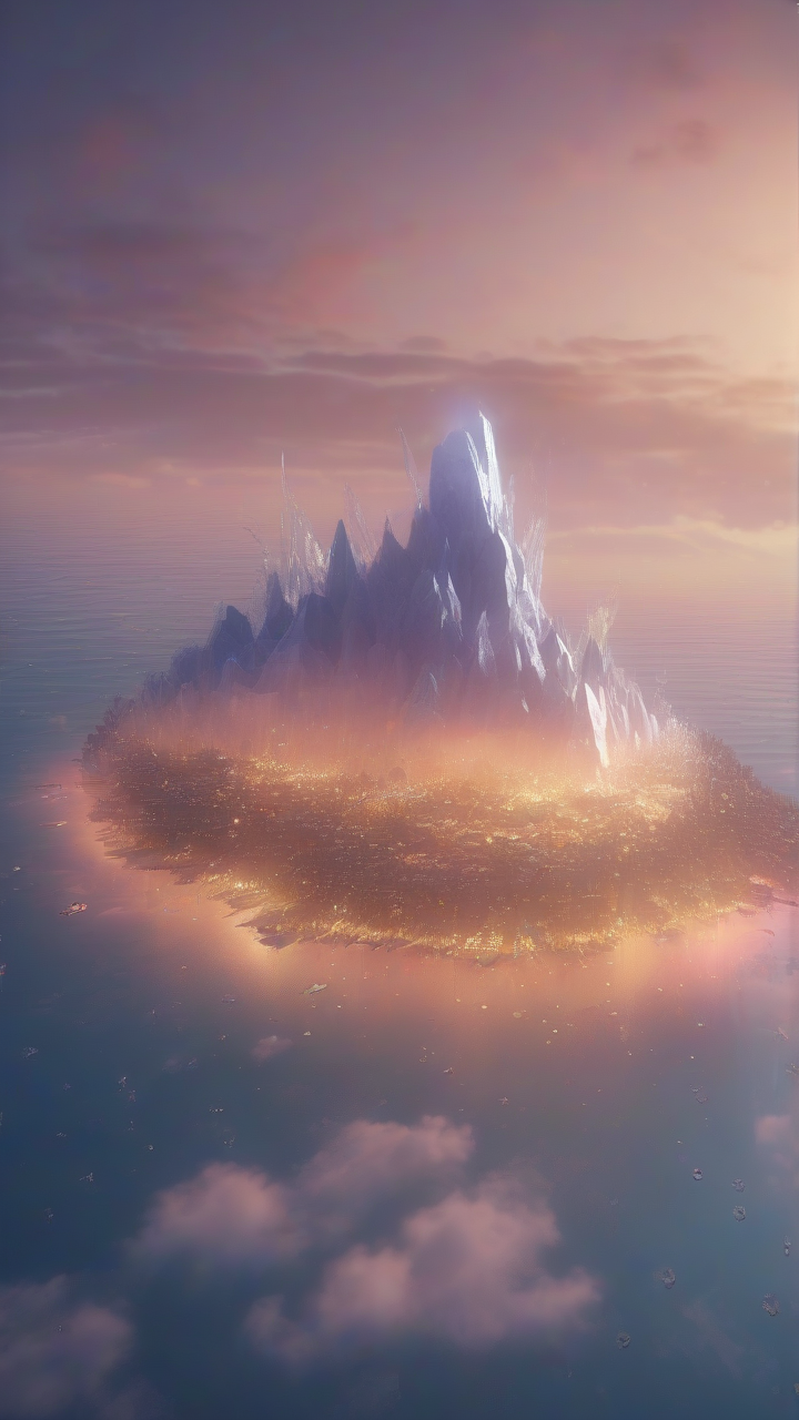floating crystal islands above glowing ocean