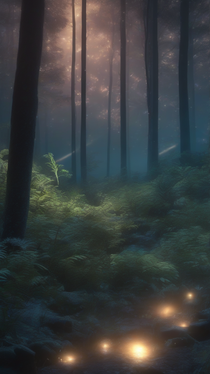 bioluminescent forest with glowing lights and fog
