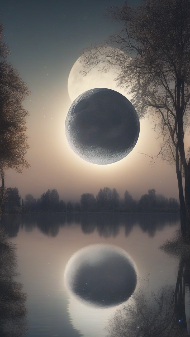 giant moon over calm lake reflection