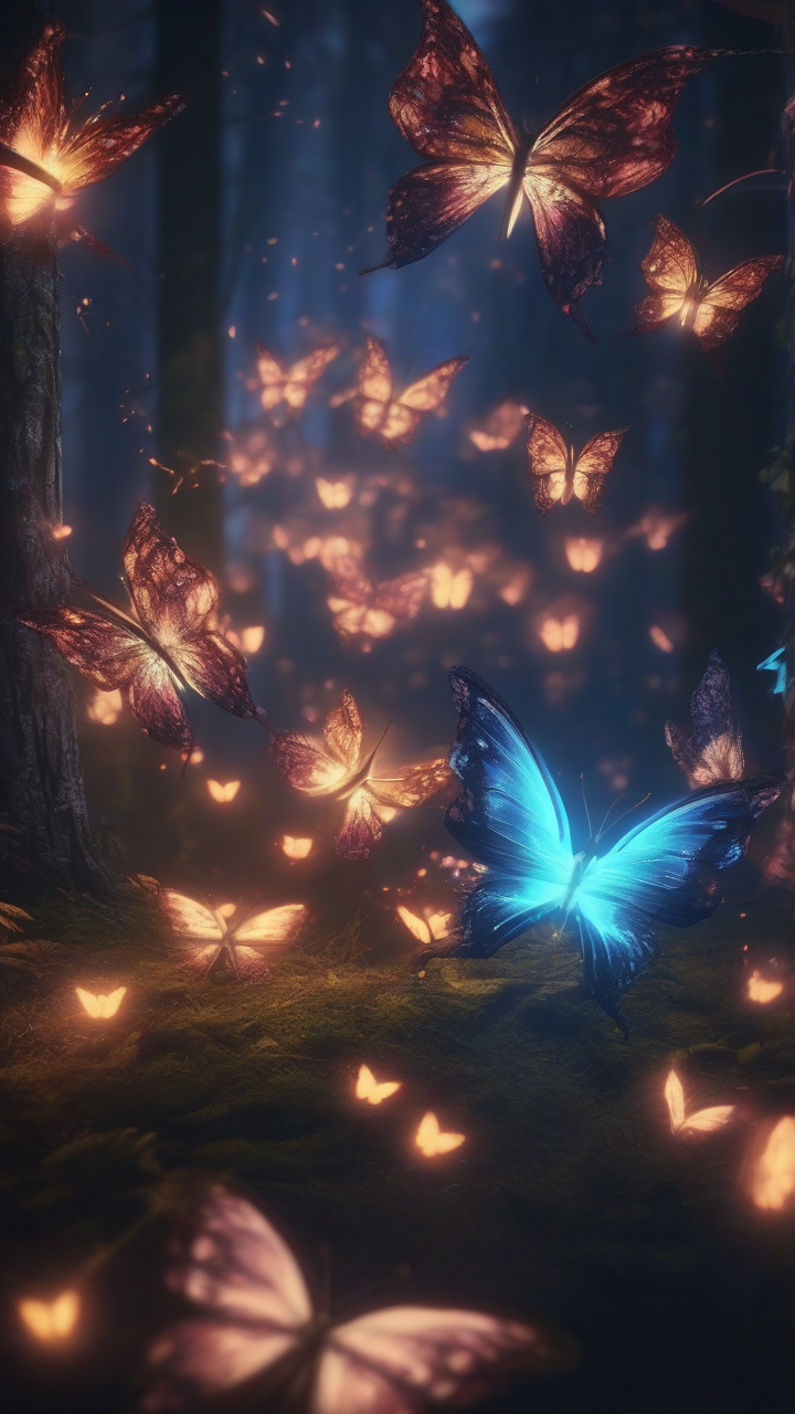 glowing butterflies spiral in dark forest