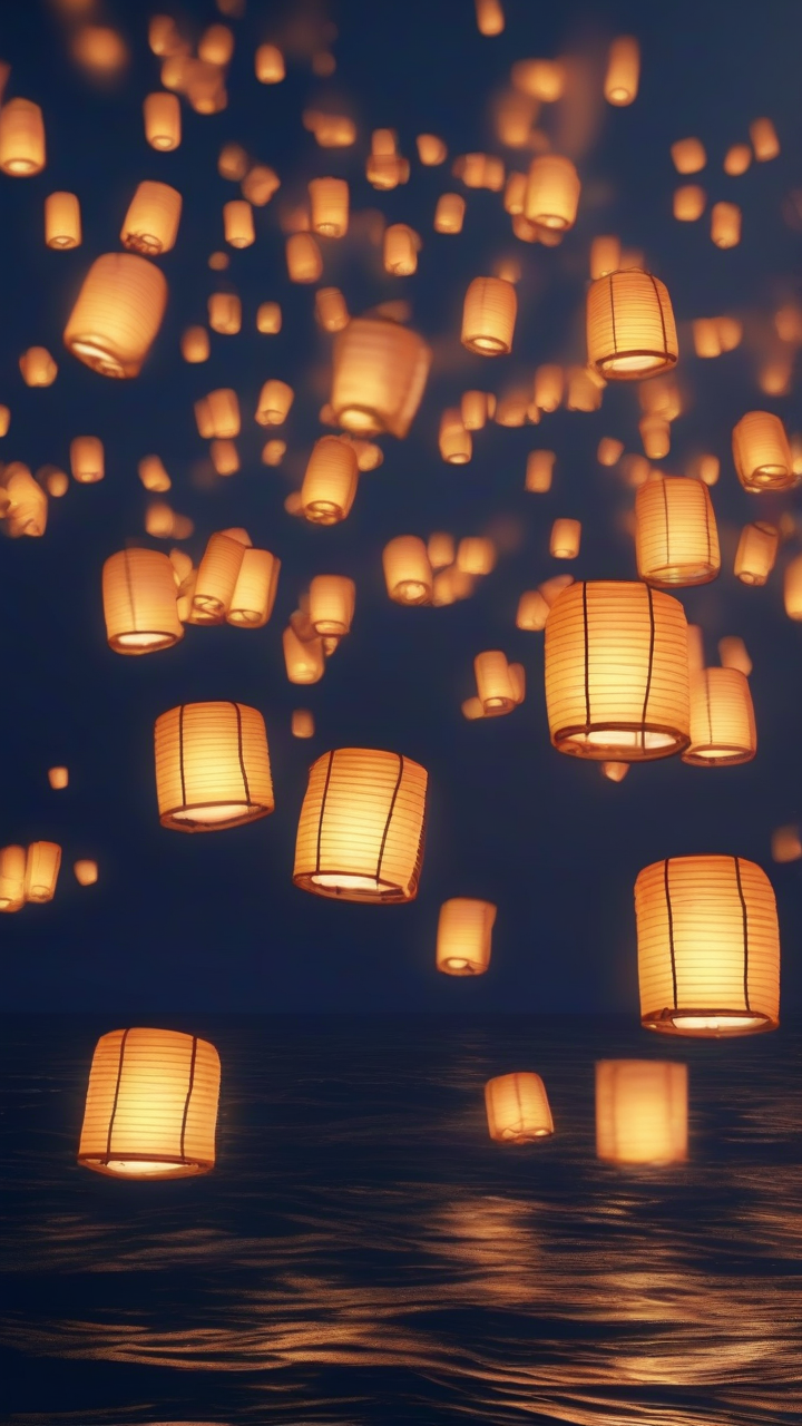 floating lanterns over ocean at night