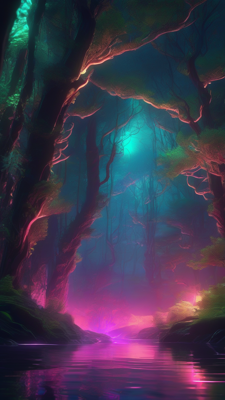 forest with glowing neon rivers