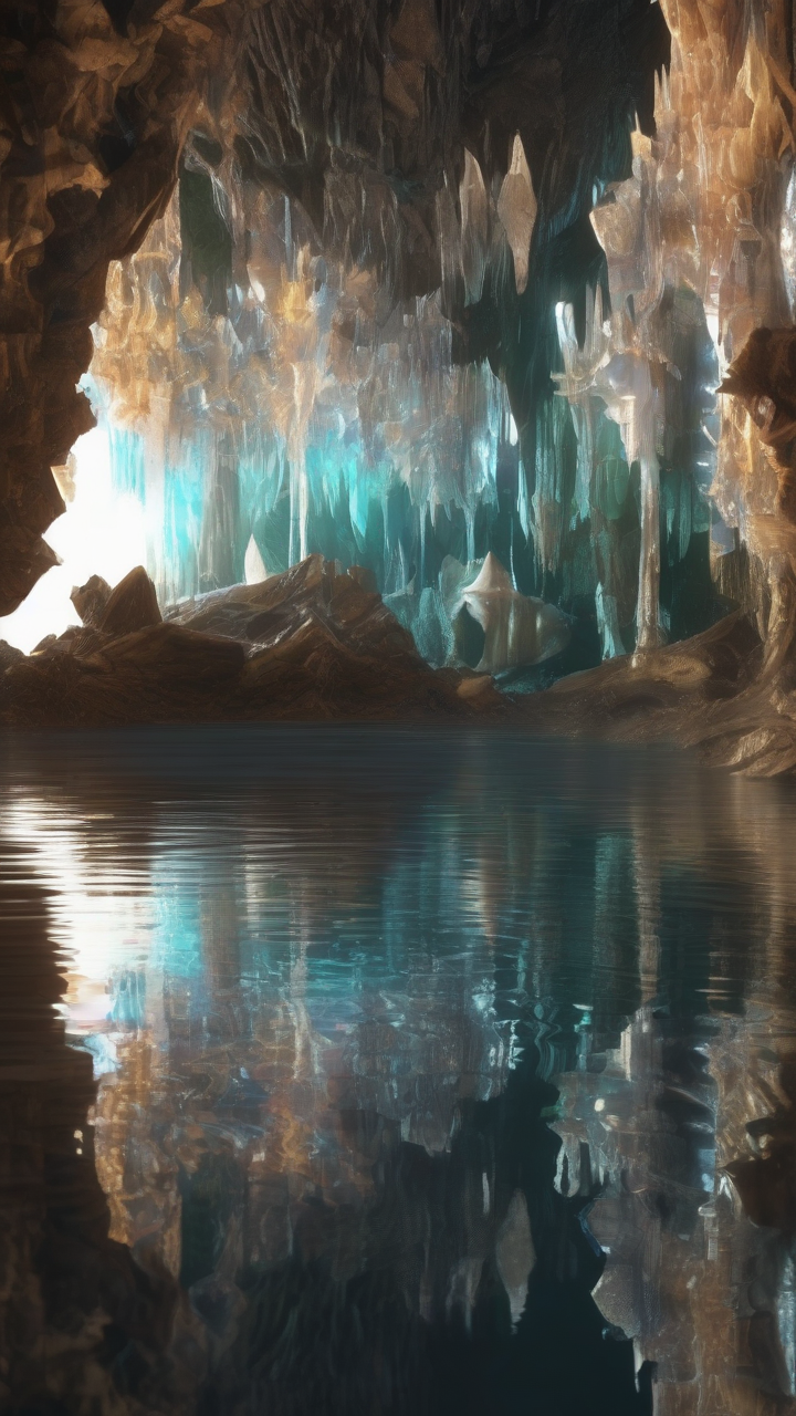 crystal cave glowing with reflections on water