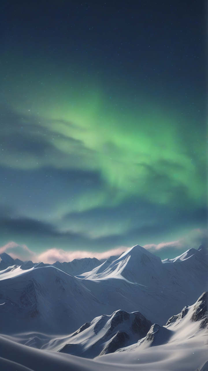 snow mountains aurora sky