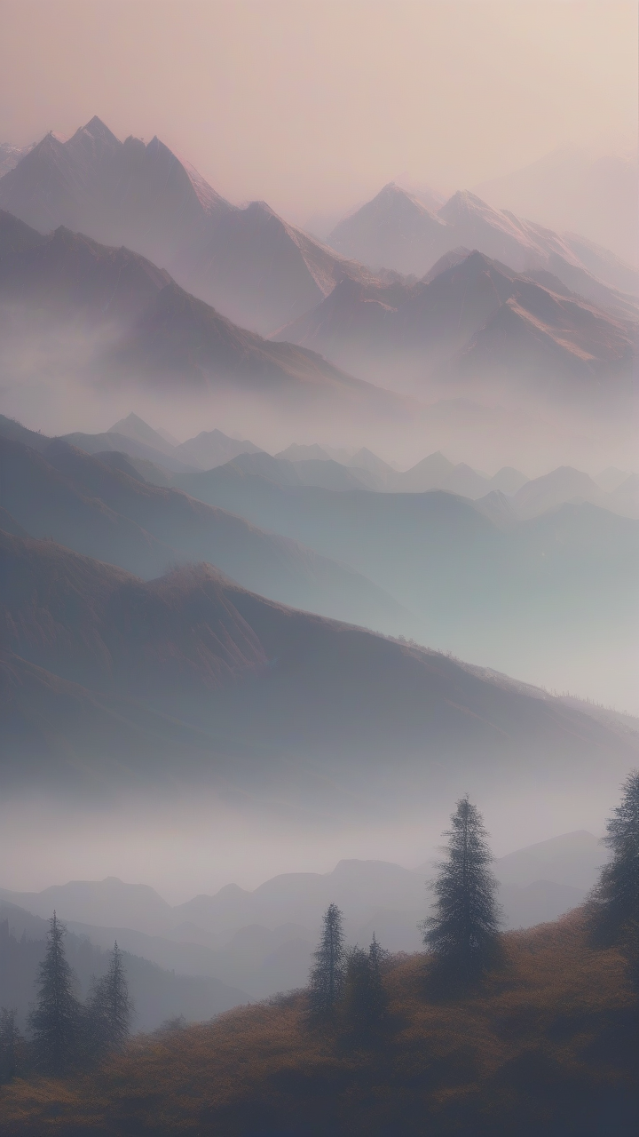 misty mountains pastel tones