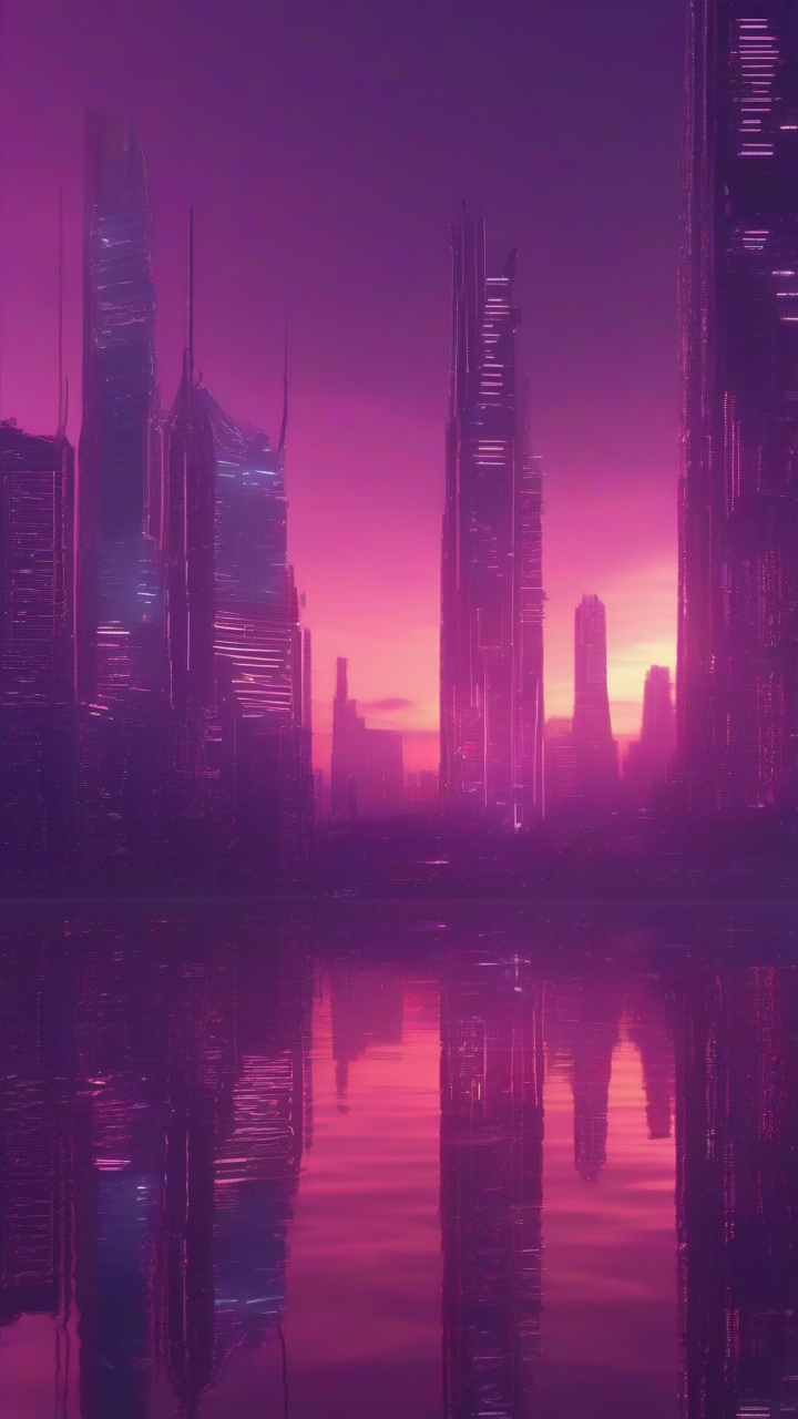 futuristic skyline purple sunset