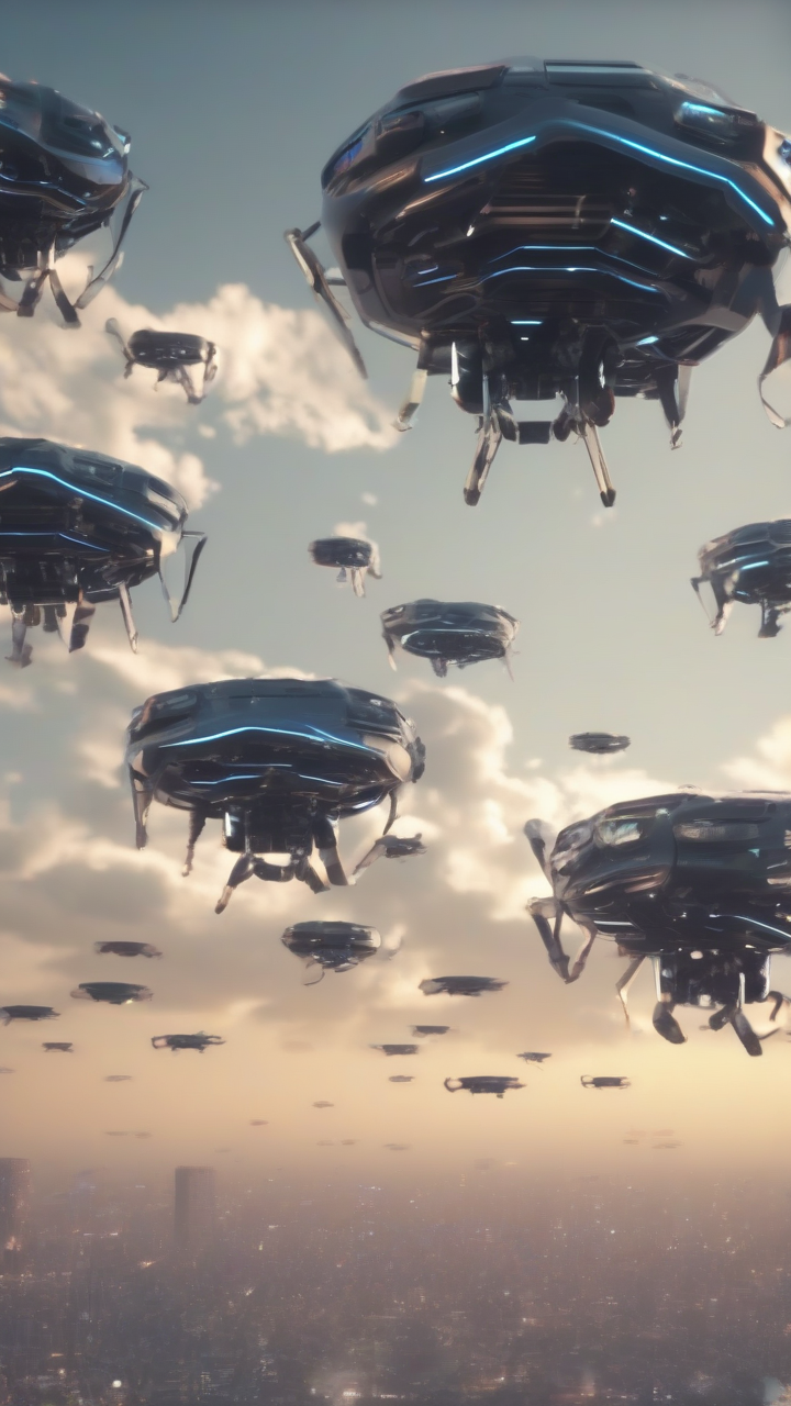 floating drones futuristic sky