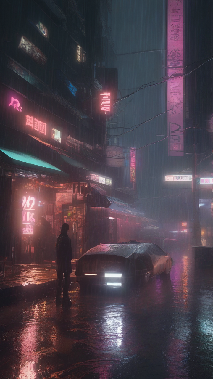 cyberpunk market rainy night