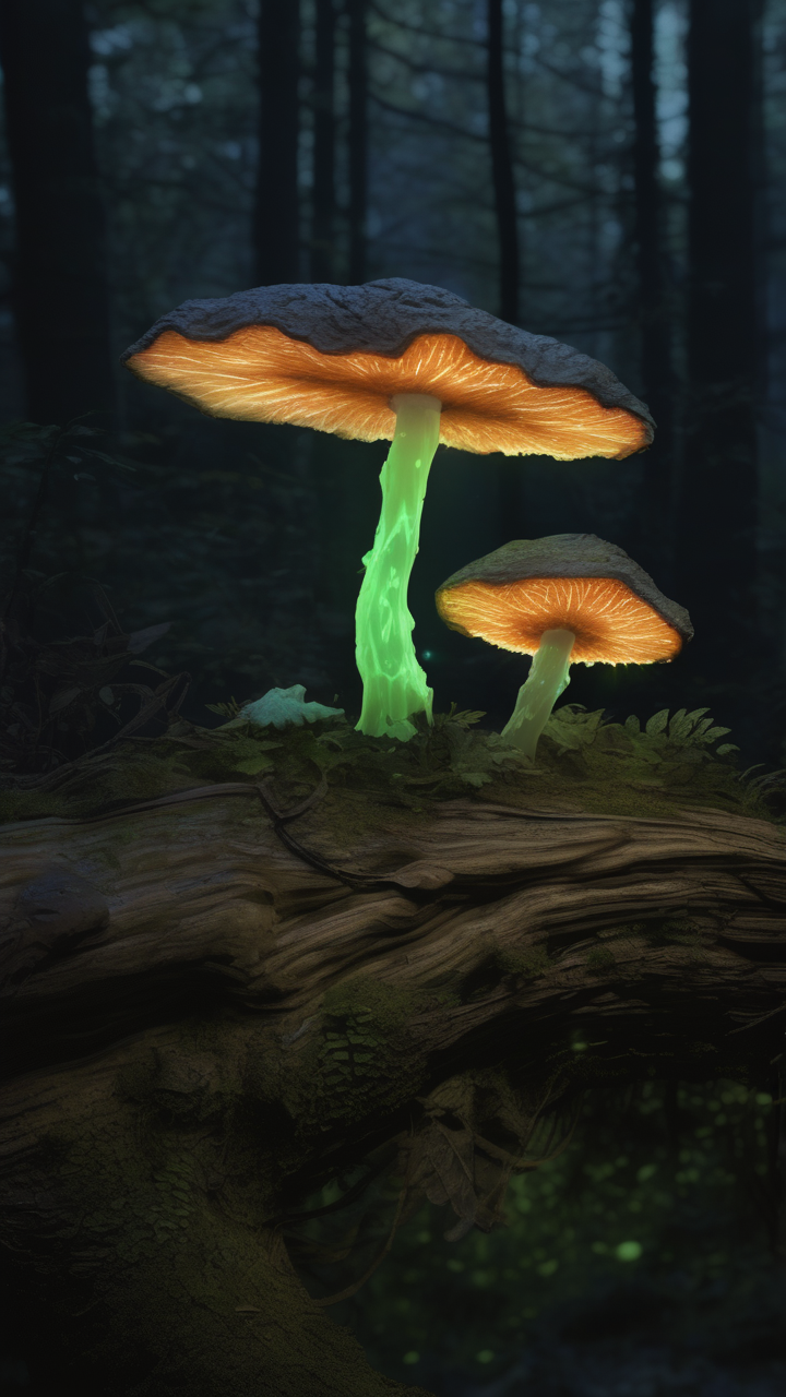 A glowing foxfire fungus on a rotting log in a dark forest
