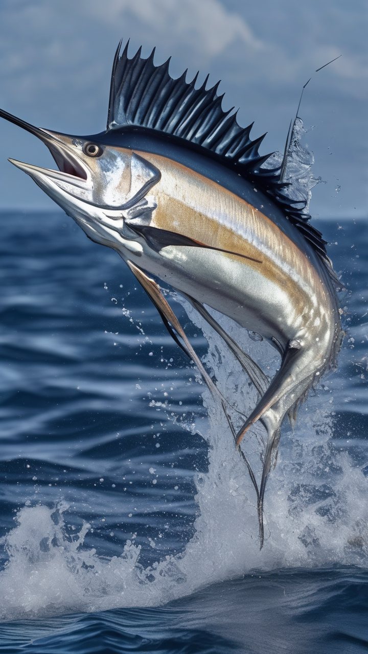 A sailfish leaping completely clear of the Indian Ocean