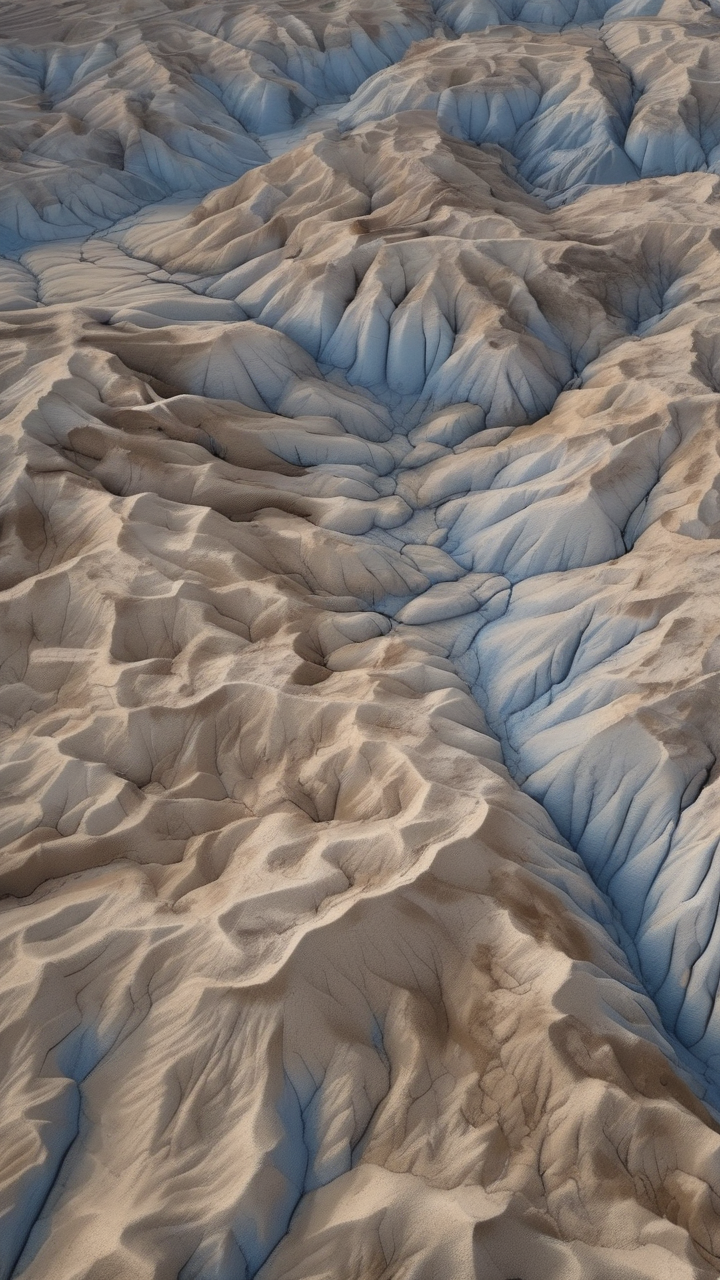 Aerial view of an eroded badland