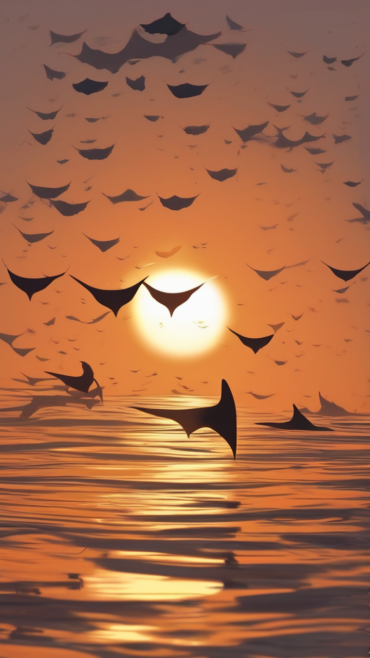 A school of manta rays feeding on plankton at the surface at dusk
