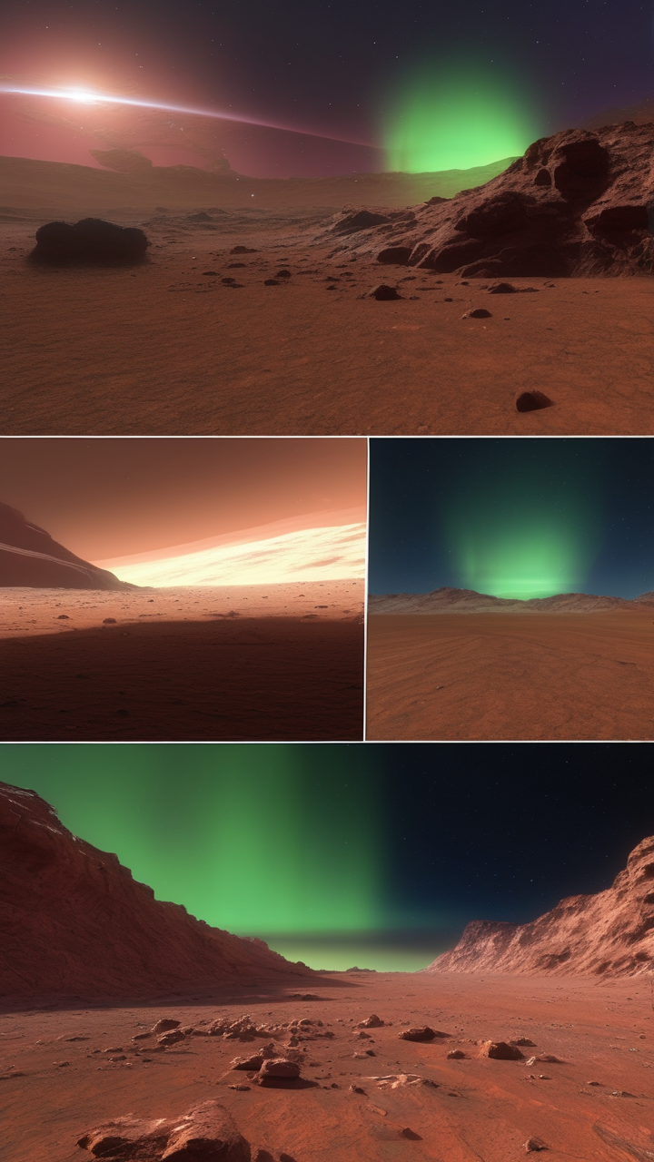 A photorealistic aurora borealis seen from the surface of Mars