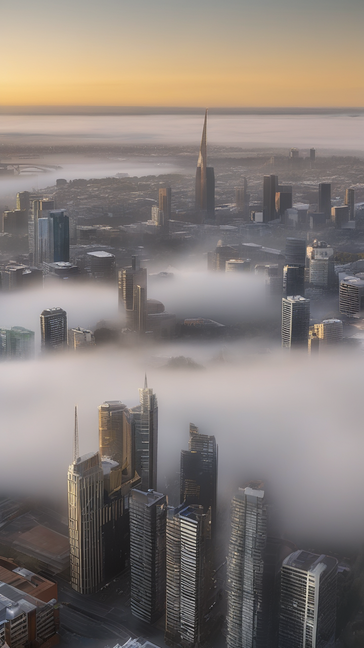 A photorealistic city skyline of Melbourne emerging from morning fog