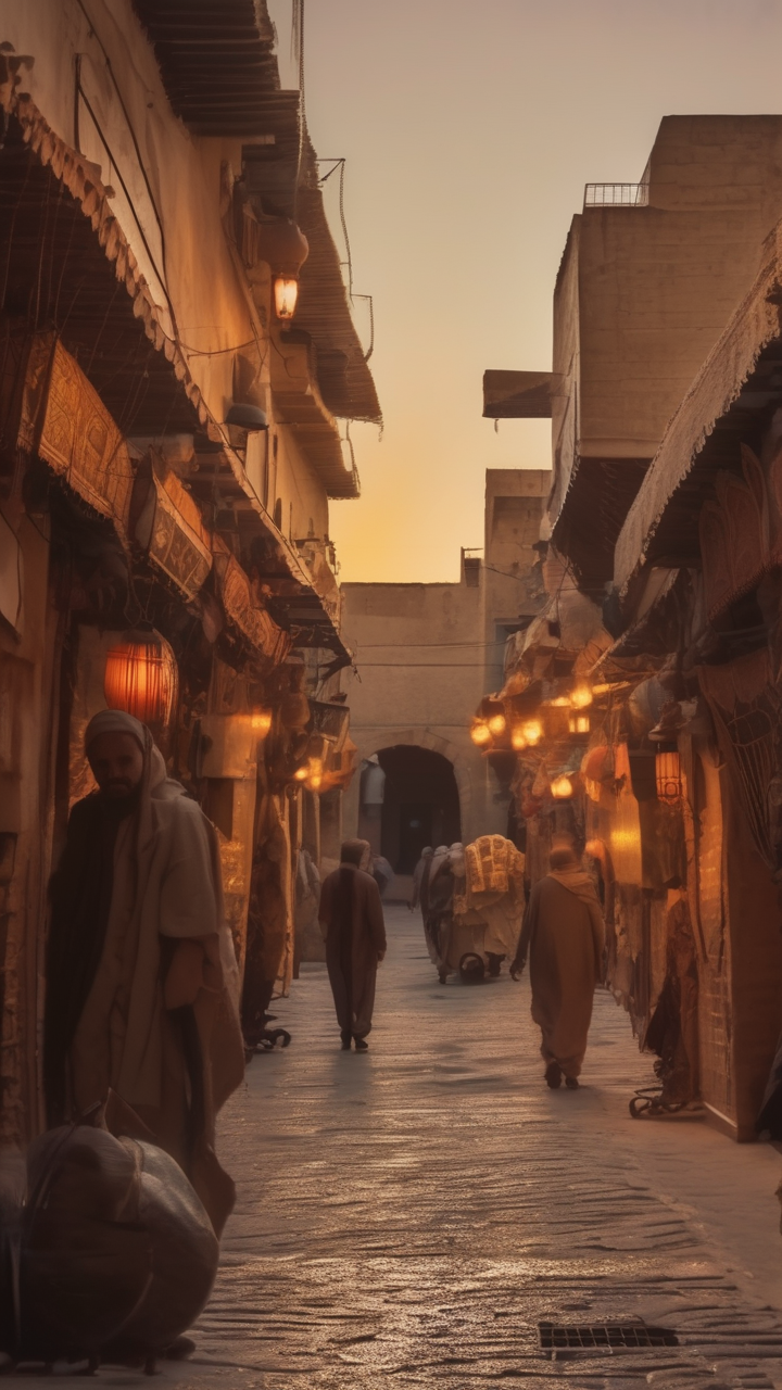 The ancient streets of Fez Morocco medina at golden hour
