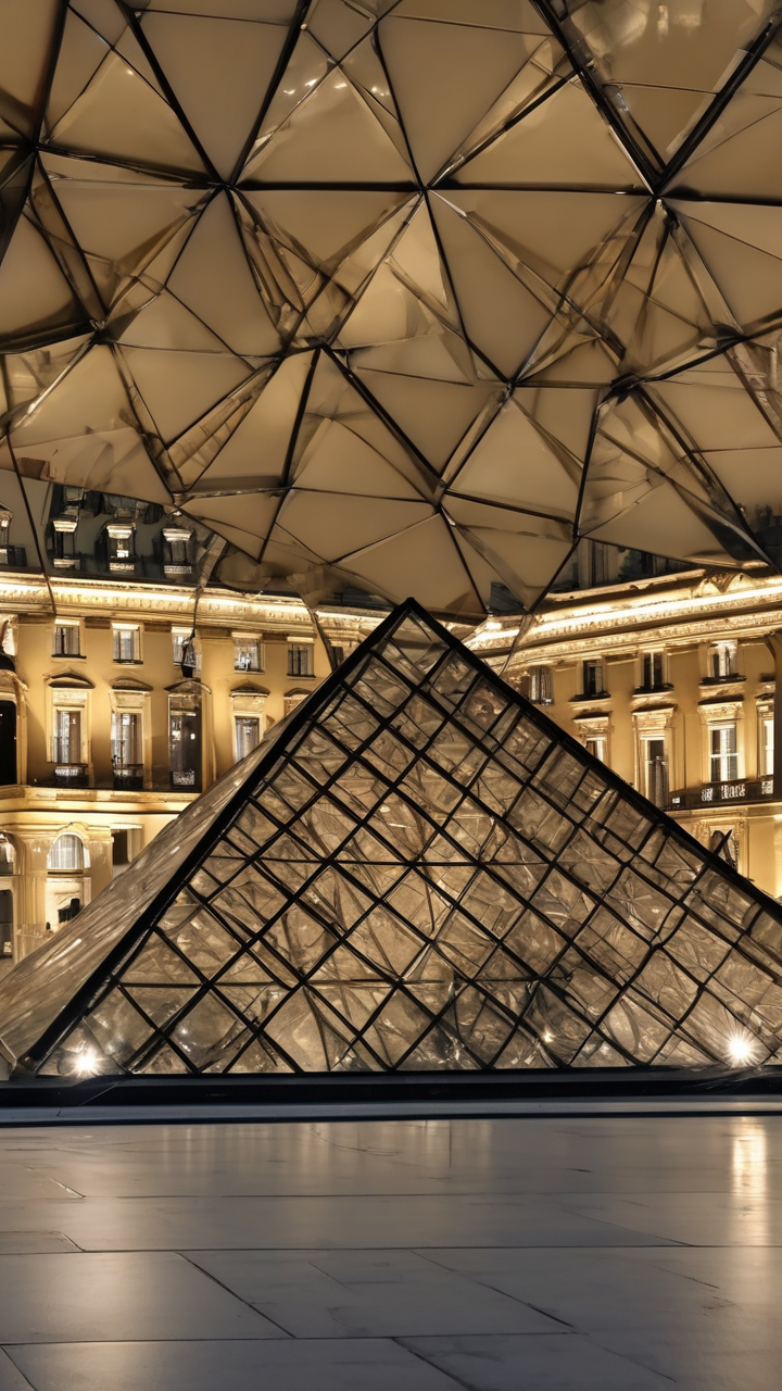The Louvre Glass Pyramid at night from inside looking out