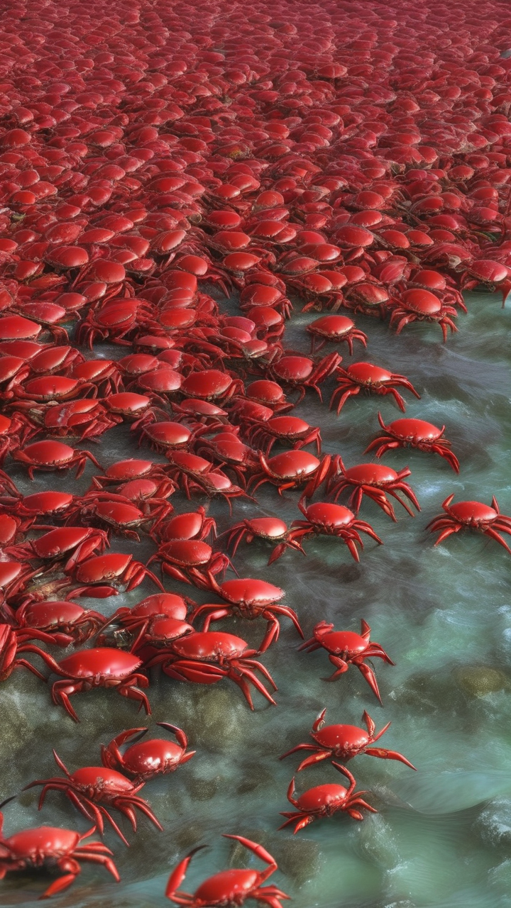 The Christmas Island red crab migration entering the sea