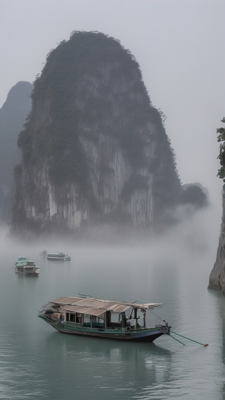 Ha Long Bay Vietnam in winter fog