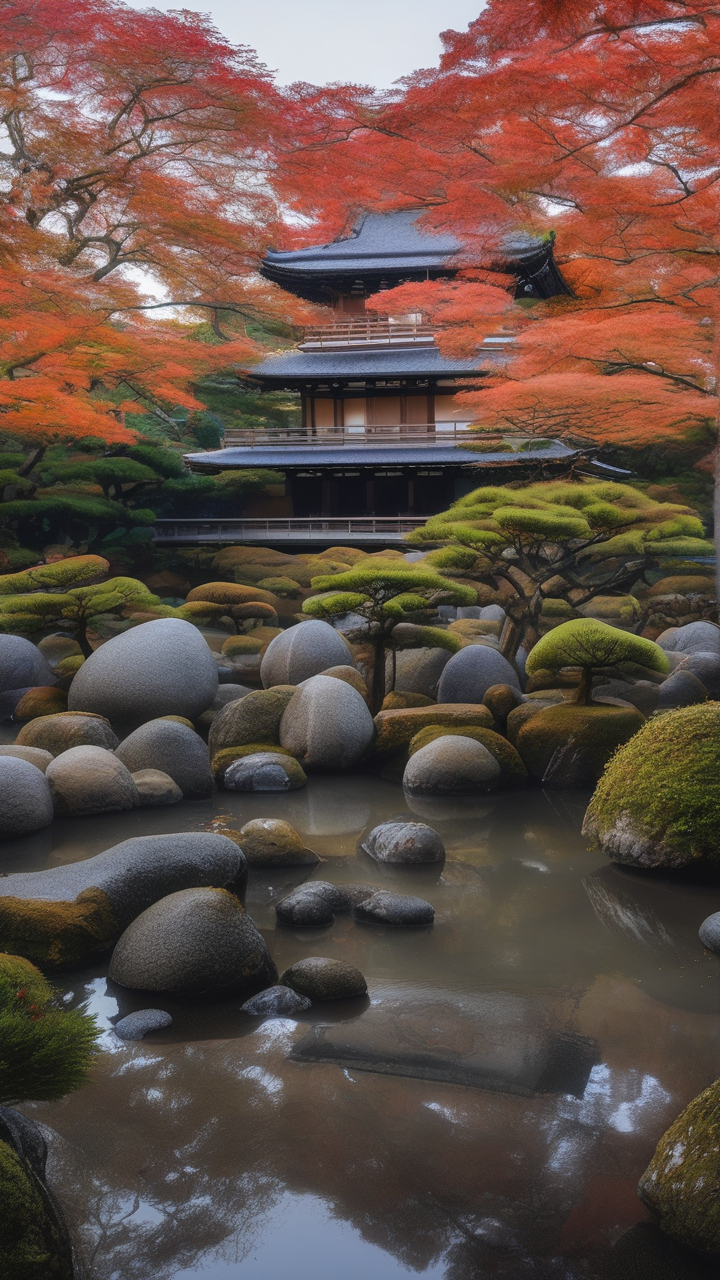 The Ryōan-ji rock garden in Kyoto at dawn in November