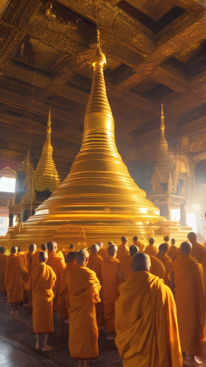 The sunrise prayer at the Shwedagon Pagoda in Yangon Myanmar