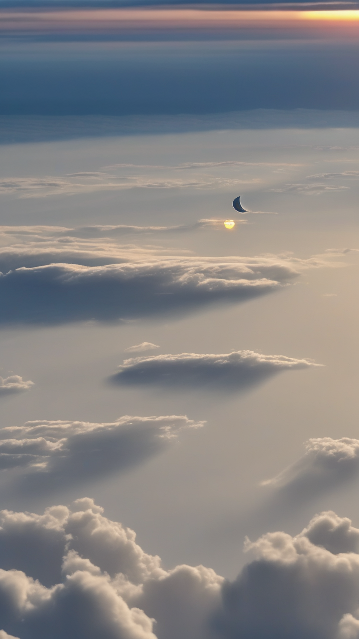 A photorealistic solar eclipse shot from an airplane above the clouds