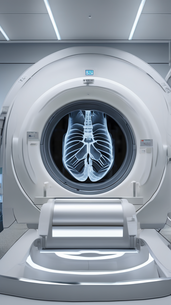 A photorealistic inside view of an MRI machine during a scan