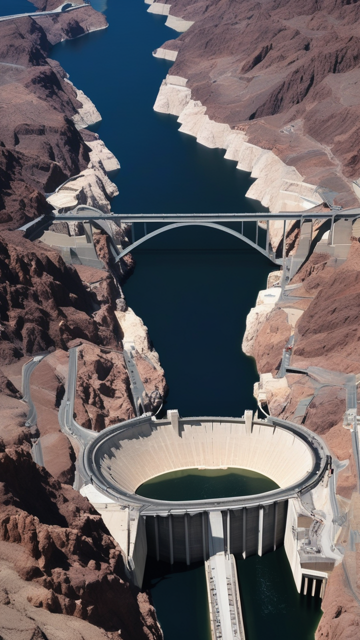 The Hoover Dam from directly above showing the two states it divides