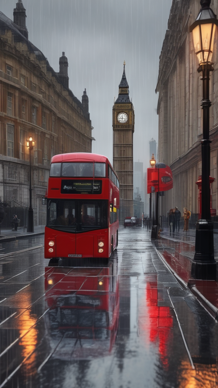 A hyperrealistic London street in the rain