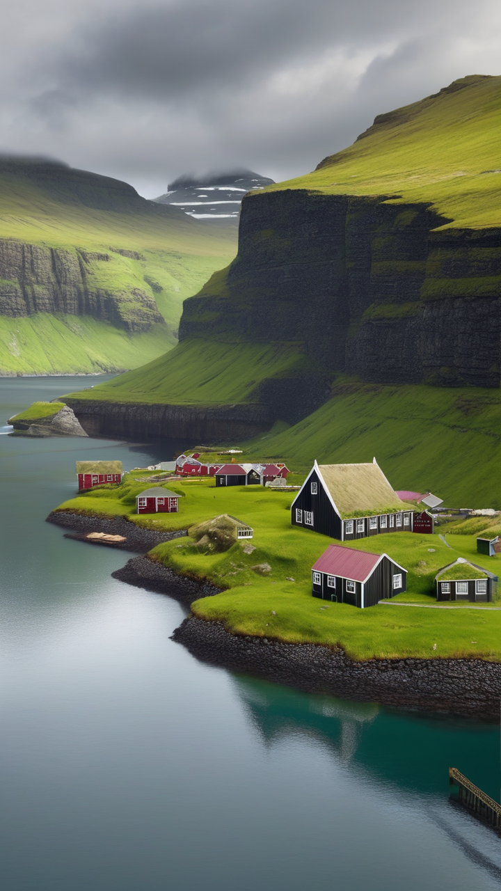 A photorealistic view of the Faroe Islands' Saksun village