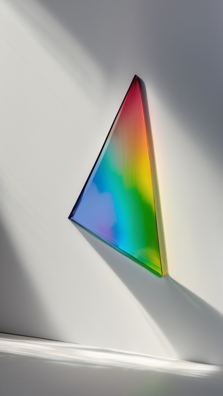 A prism splitting sunlight into a perfect spectrum on a white wall