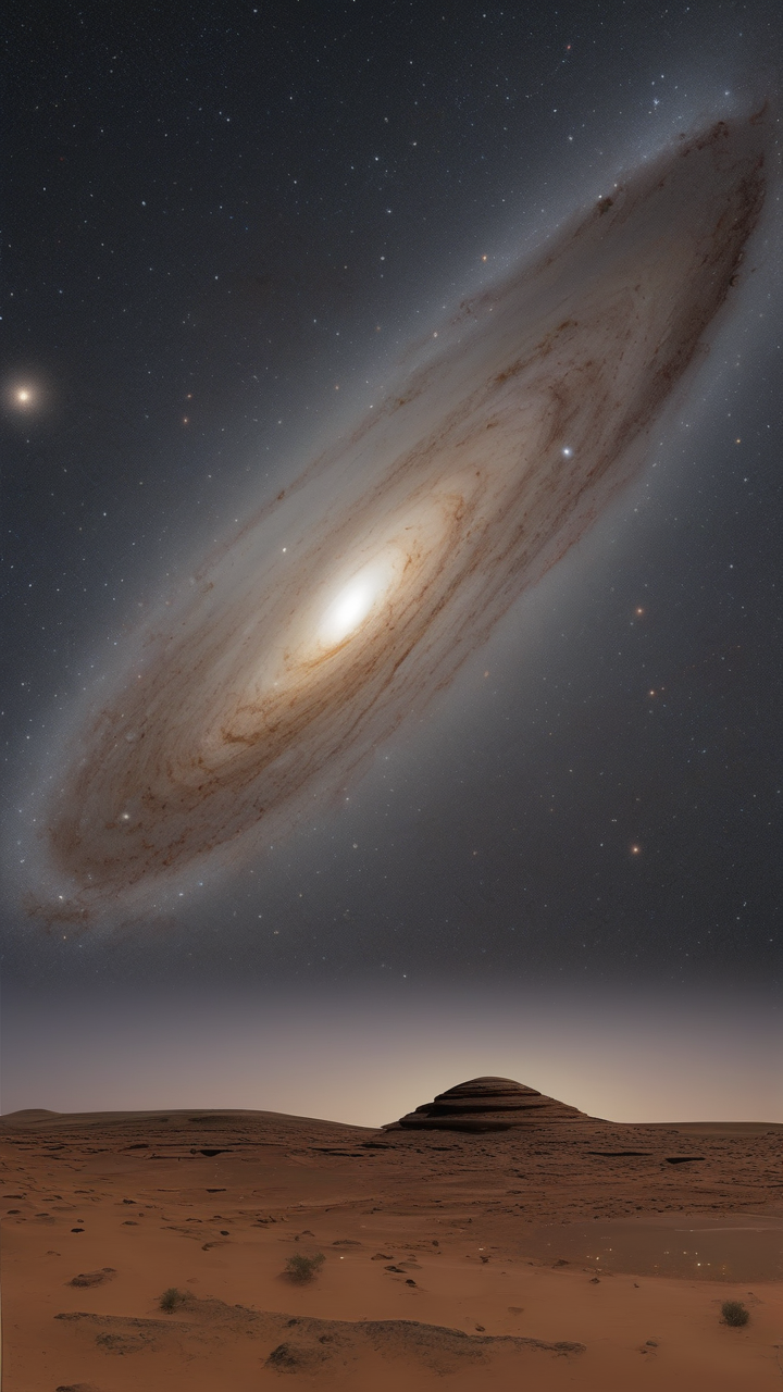 A photorealistic view of the Andromeda Galaxy rising over the Sahara