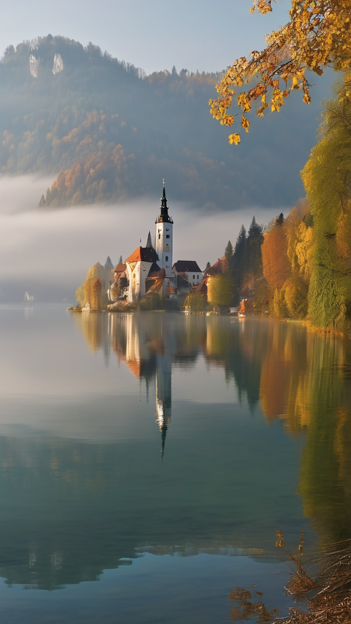 A misty morning at Lake Bled in Slovenia
