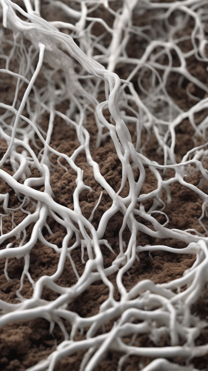 An extreme close-up of mycelium network in forest soil