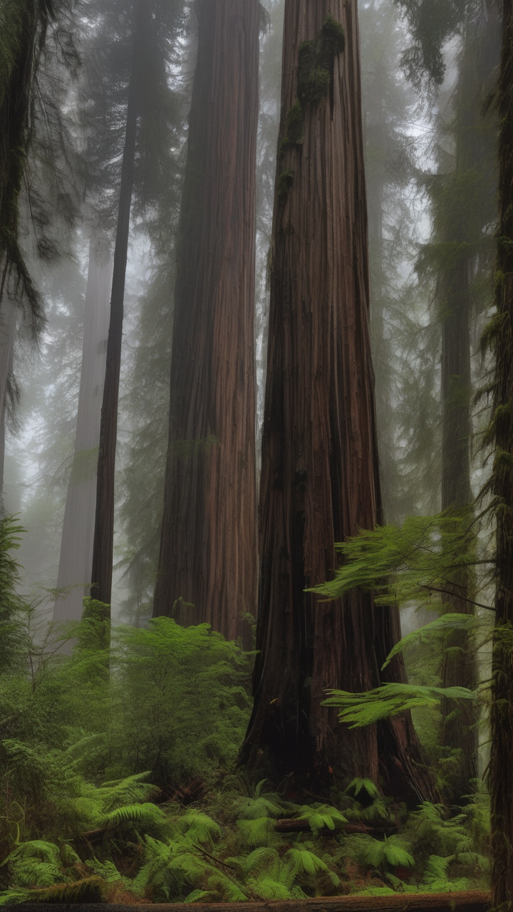 Rain in a giant redwood forest