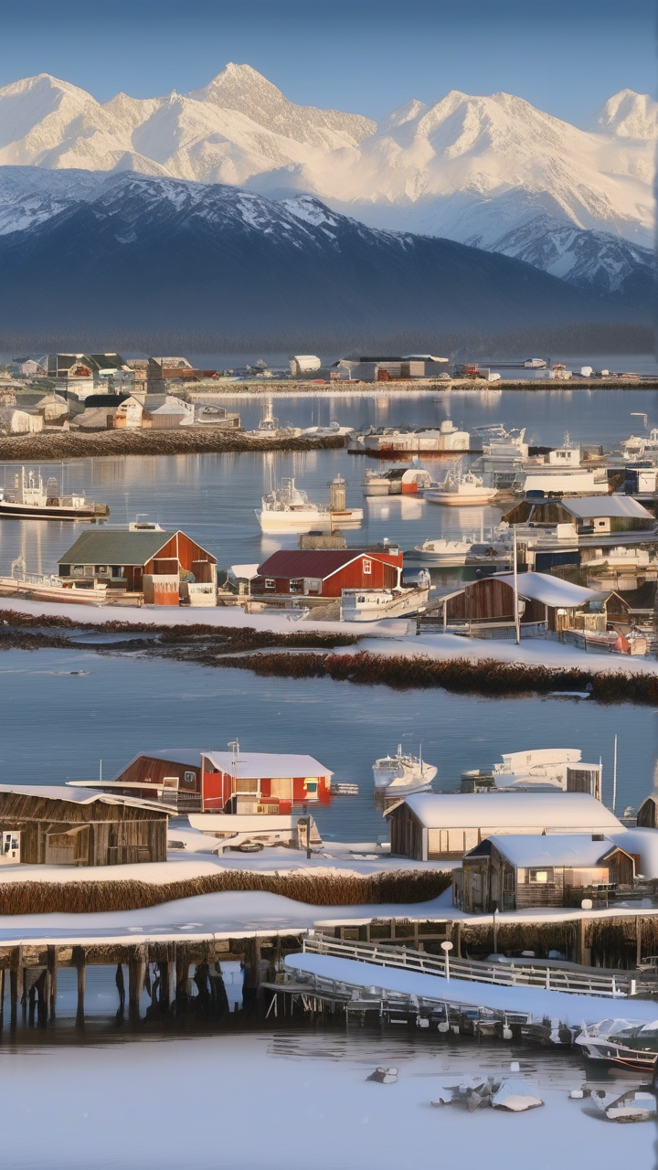 A photorealistic Alaskan fishing town in winter