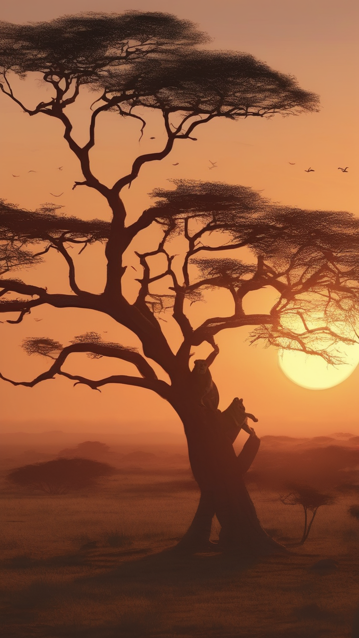 A photorealistic sunrise over the Serengeti plain