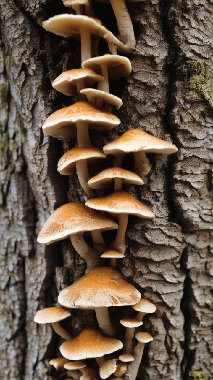 Macro photography of shelf fungi on a fallen tree