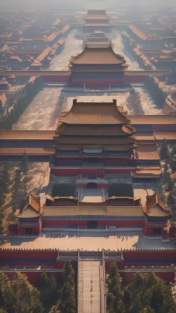 The Forbidden City from above in morning mist
