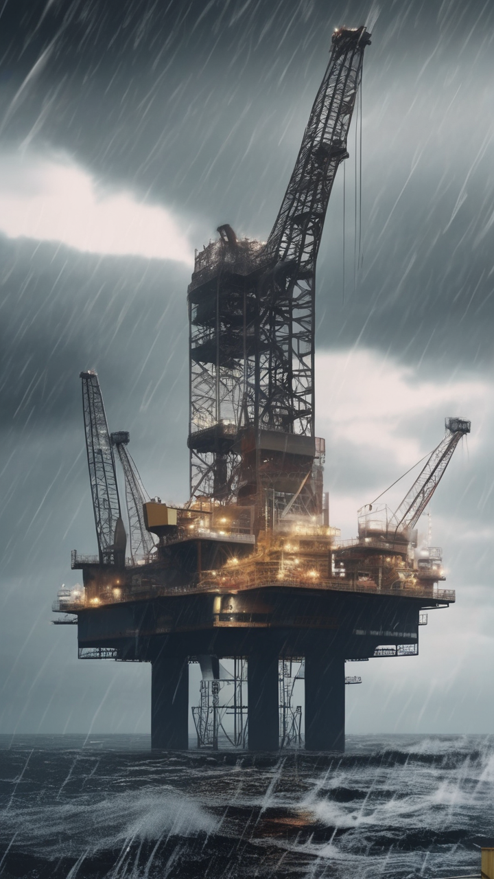 An offshore oil platform in the North Sea during a storm