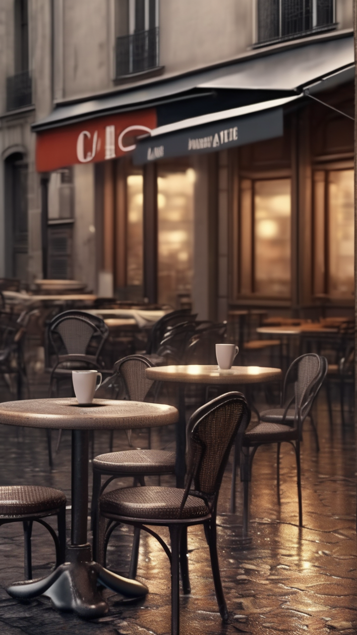 A photorealistic Paris cafe terrace in light rain