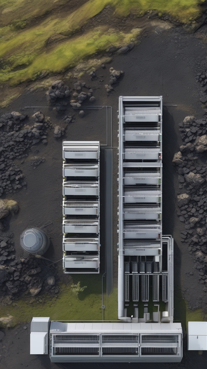 A photorealistic server farm seen from above in Iceland cooled by outside air