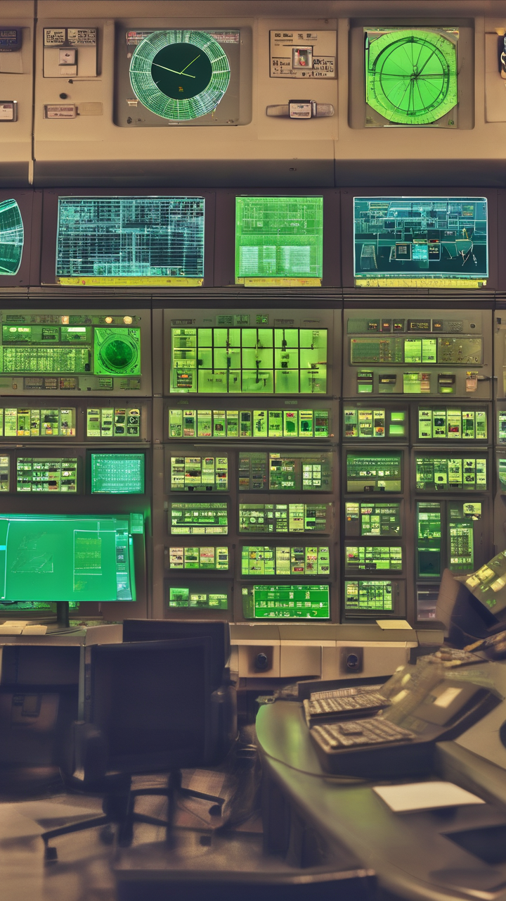 The control room of a nuclear power plant at night