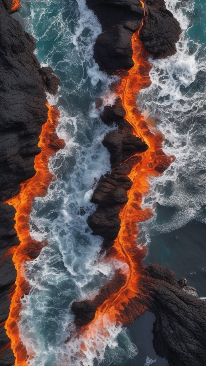 Lava flowing over a cliff into the ocean creating abstract patterns